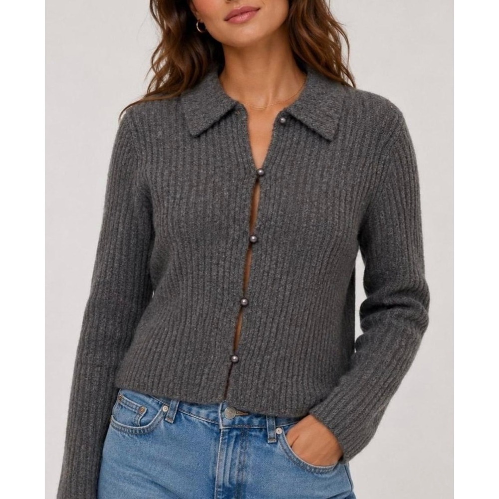 Abercrombie & Fitch Grey Ribbed Polo Cardigan Sweater Pearl Buttons XS